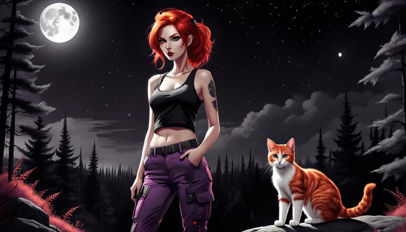 Noir Cat Woman in Starry Forest