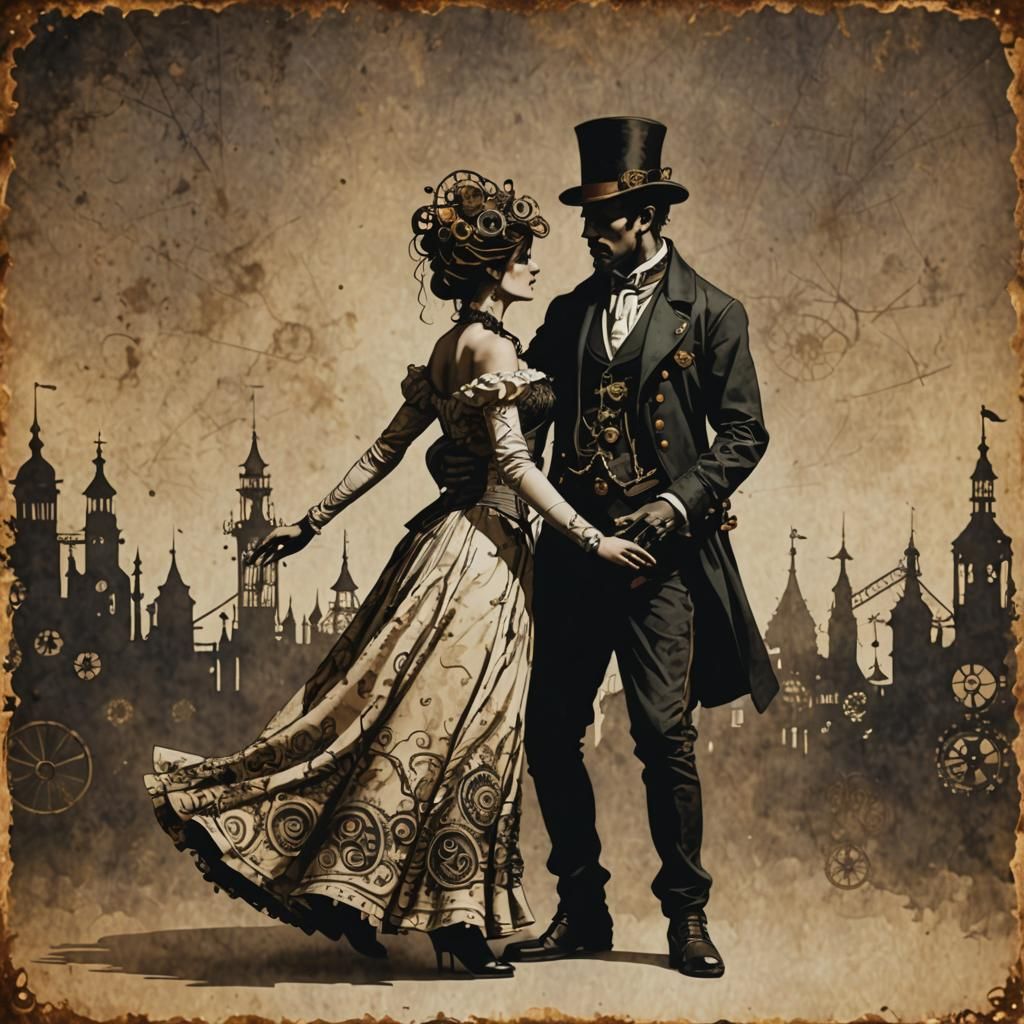 Dancing Couple Silhouette in Steampunk Ink Wash