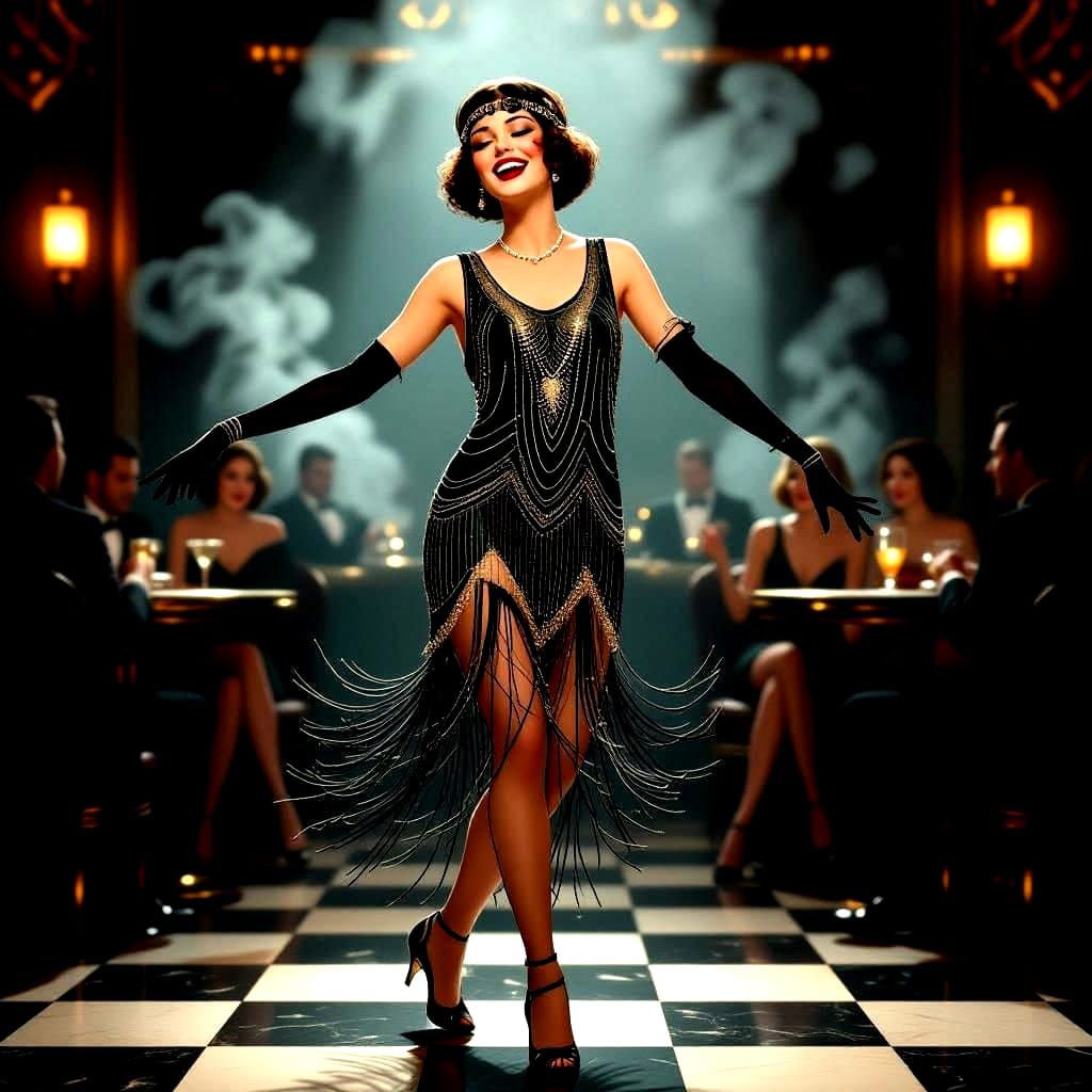 Flapper Girl Dances in Smoky Art Deco Jazz Club