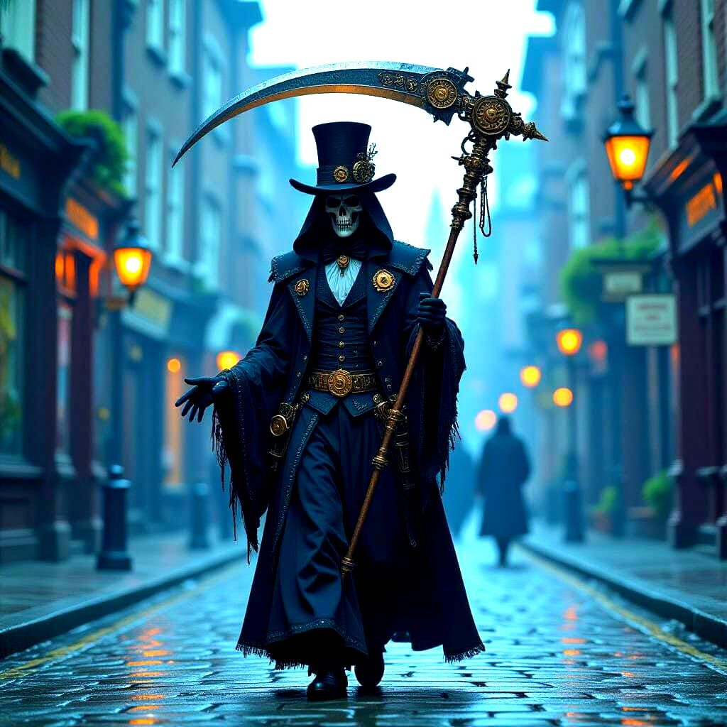 Steampunk Grim Reaper in Smoggy Victorian London