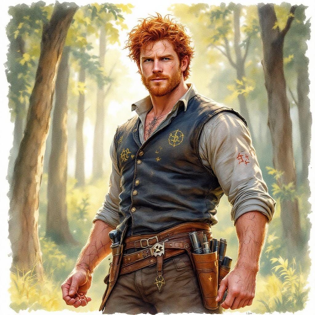 Charlie Weasley in Forest Clearing, Detailed Watercolor