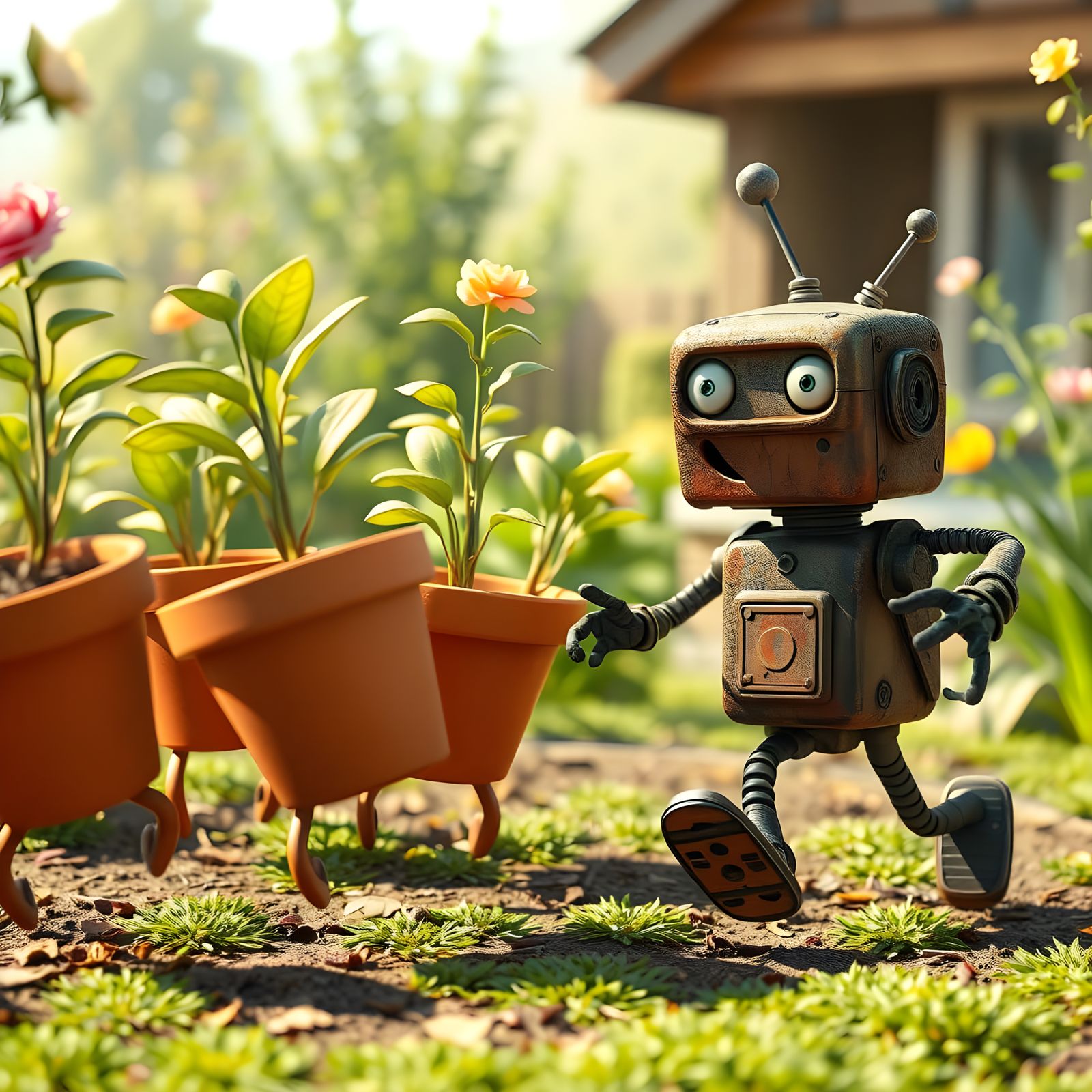 Mischief in the Garden: Charming Scene of Runaway Flowerpots...