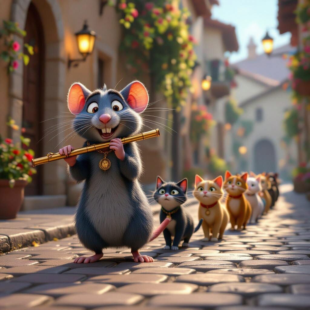 Cunning Rat Charms Hypnotized Cats in Pixar Style