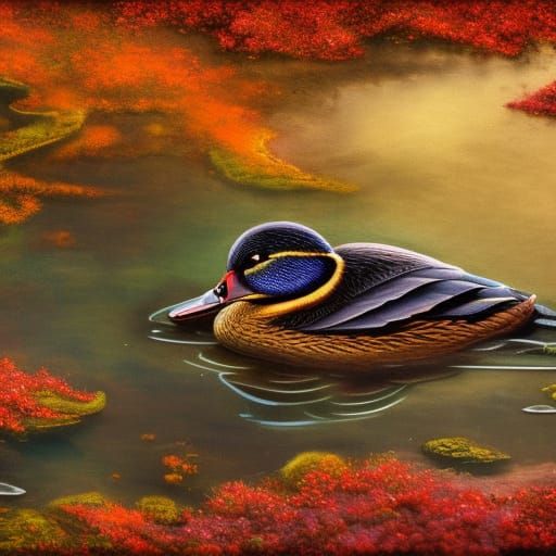 Steampunk Mallard Duck in Autumn Pond, Detailed Art