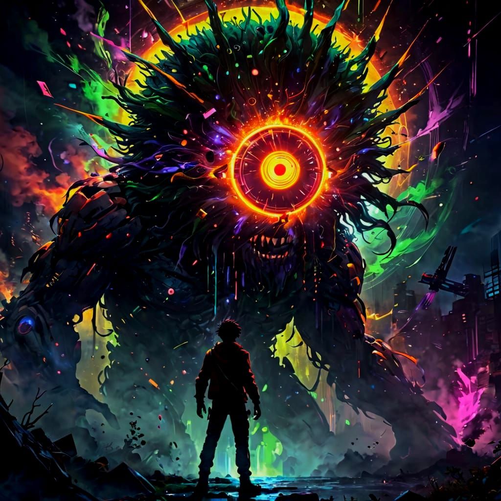 Cyber Giant Emerges in Glitchcore Style