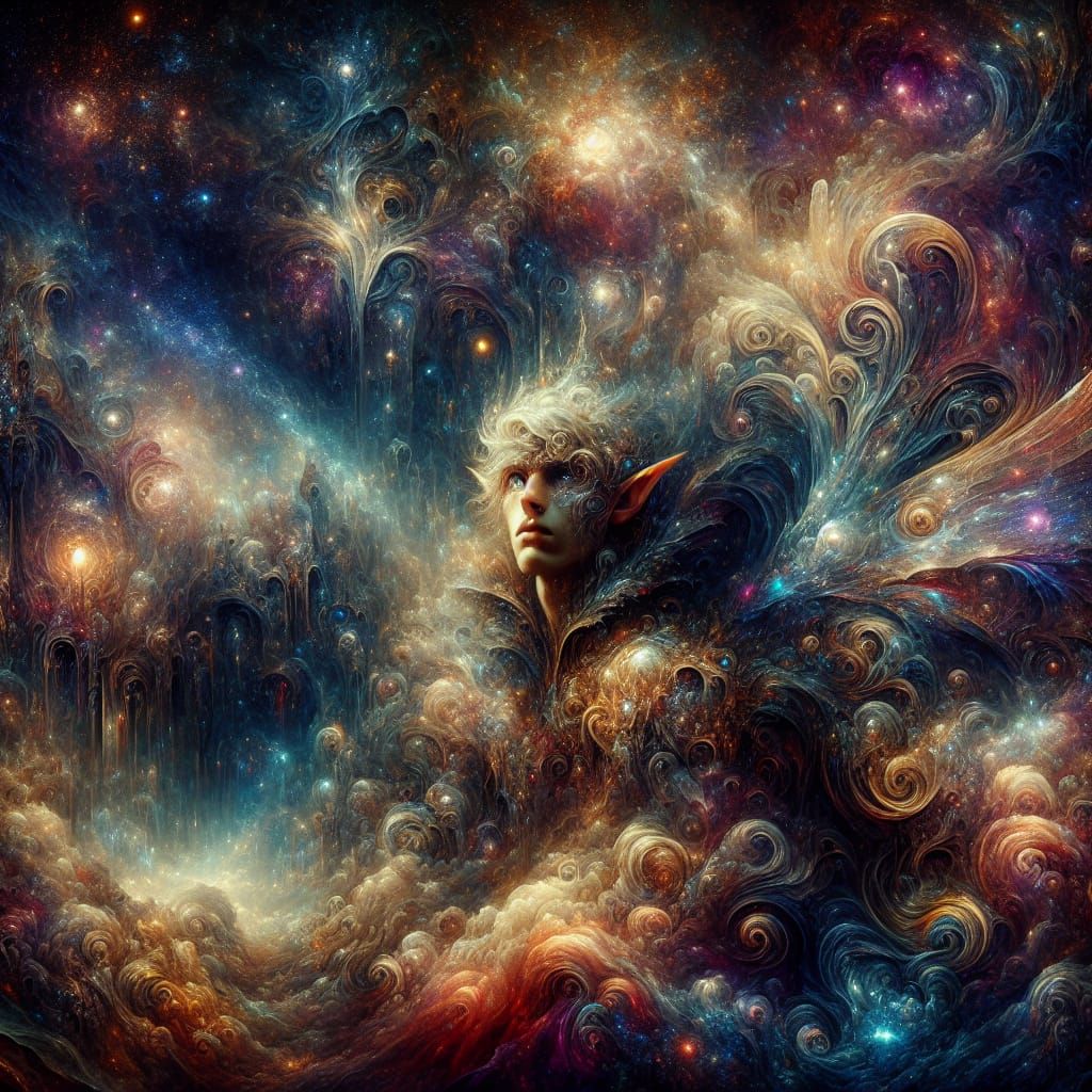 Epic Elf Prince Under Celestial Dreamscape in Dramatic Maxim...