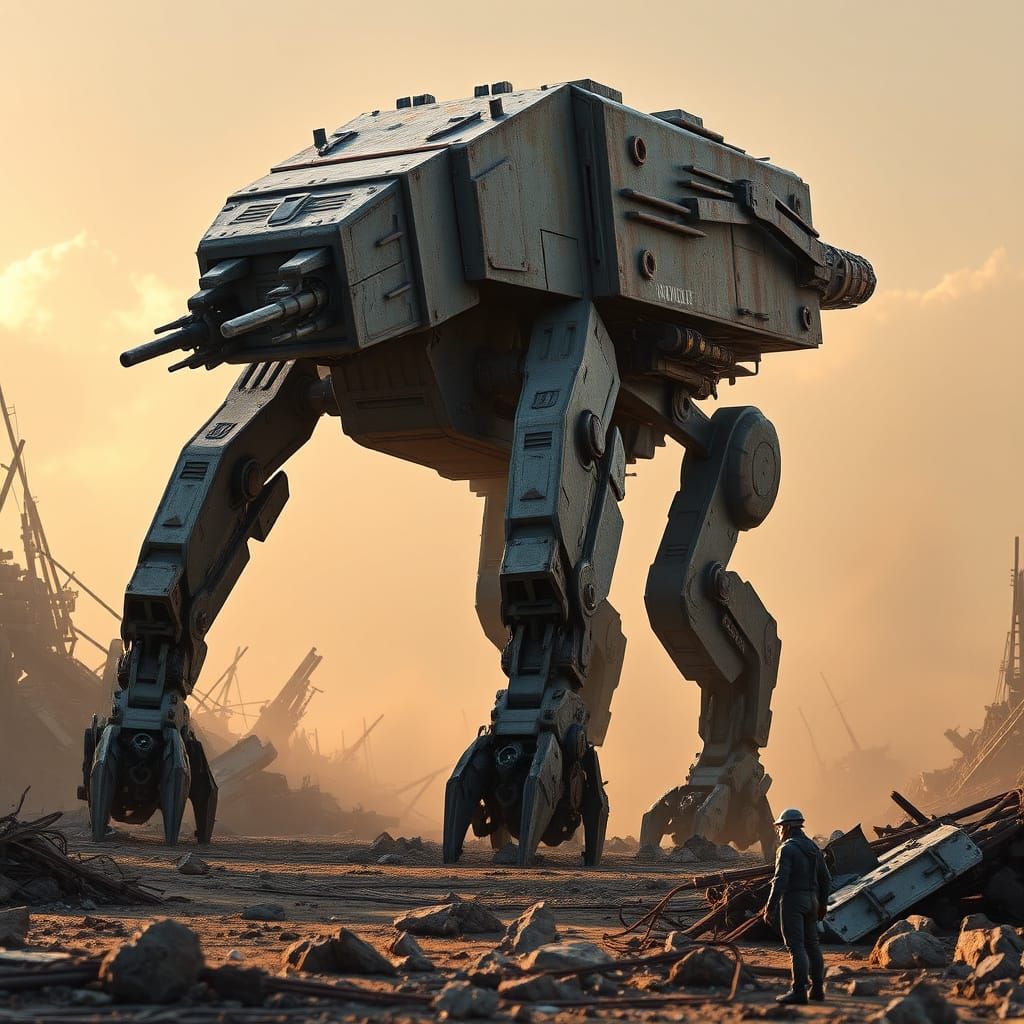 Gritty Futuristic Combat Walker in Desolate Wasteland