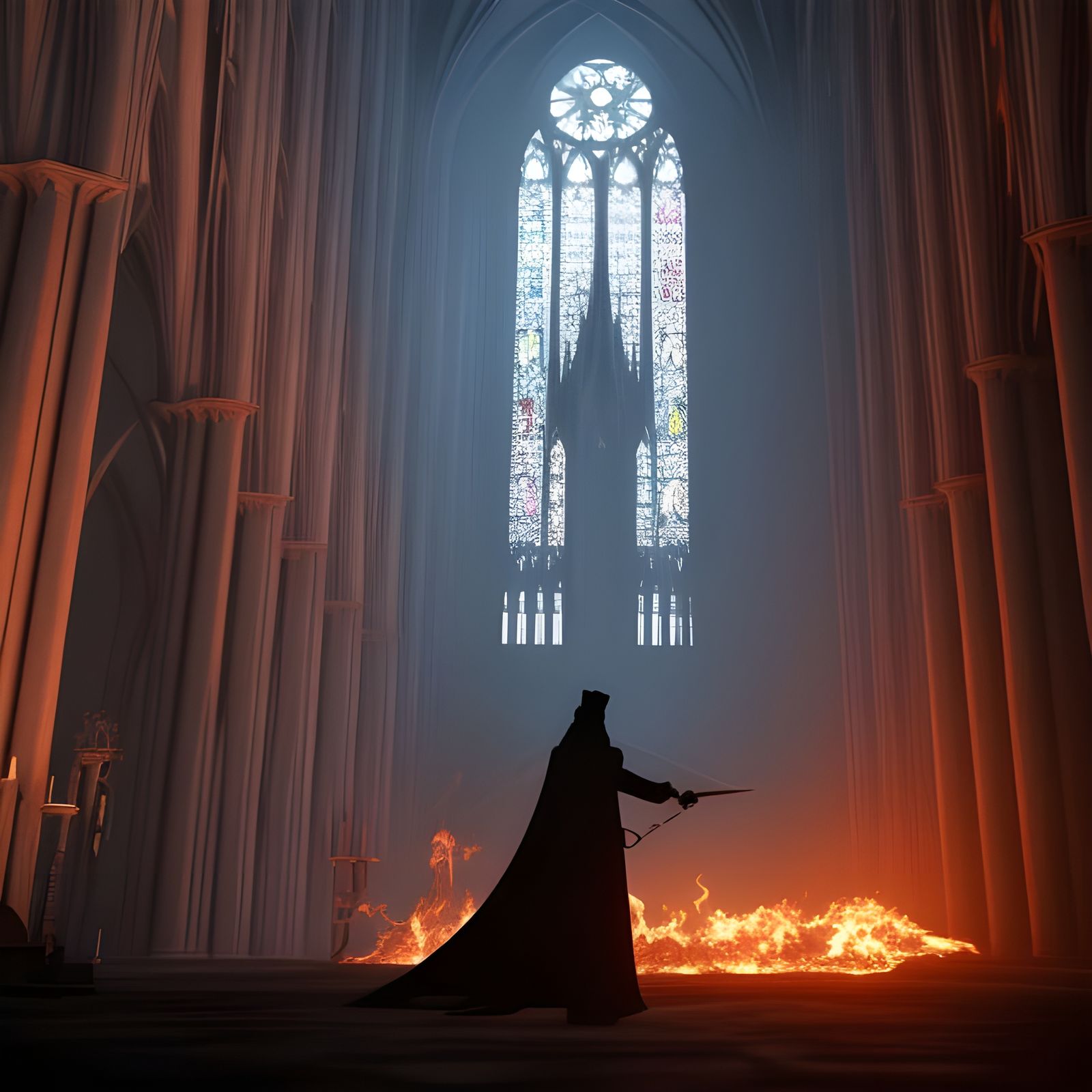 Magician in Burning Cathedral with Demonic Shapes