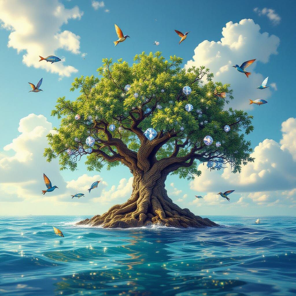 Diamond Tree in Ocean with Flying Fish: Fantasy Art