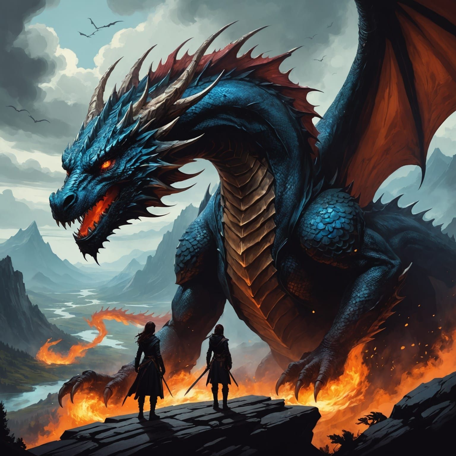 Fantasycore Landscape with Bold Dragon in High Contrast