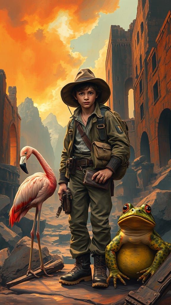 Flamingos and Explorers in a Fiery Dreamscape Amidst Cyberpu...