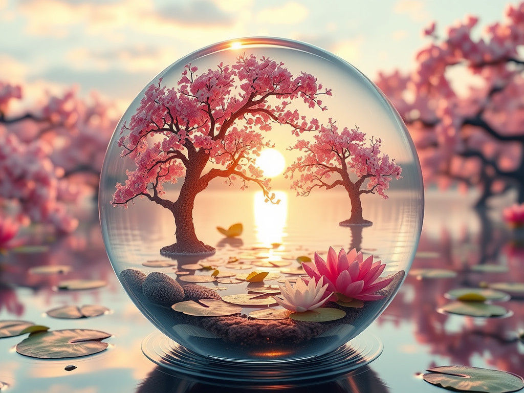 Japanese Pond in Crystal Globe, Dreamlike Digital Art