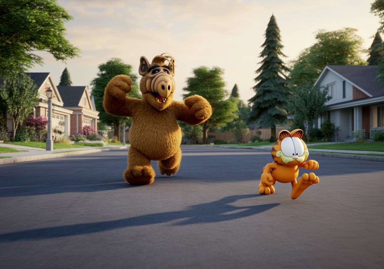 ALF salivating and saying "Here Dinner Dinner!" chasing afte...