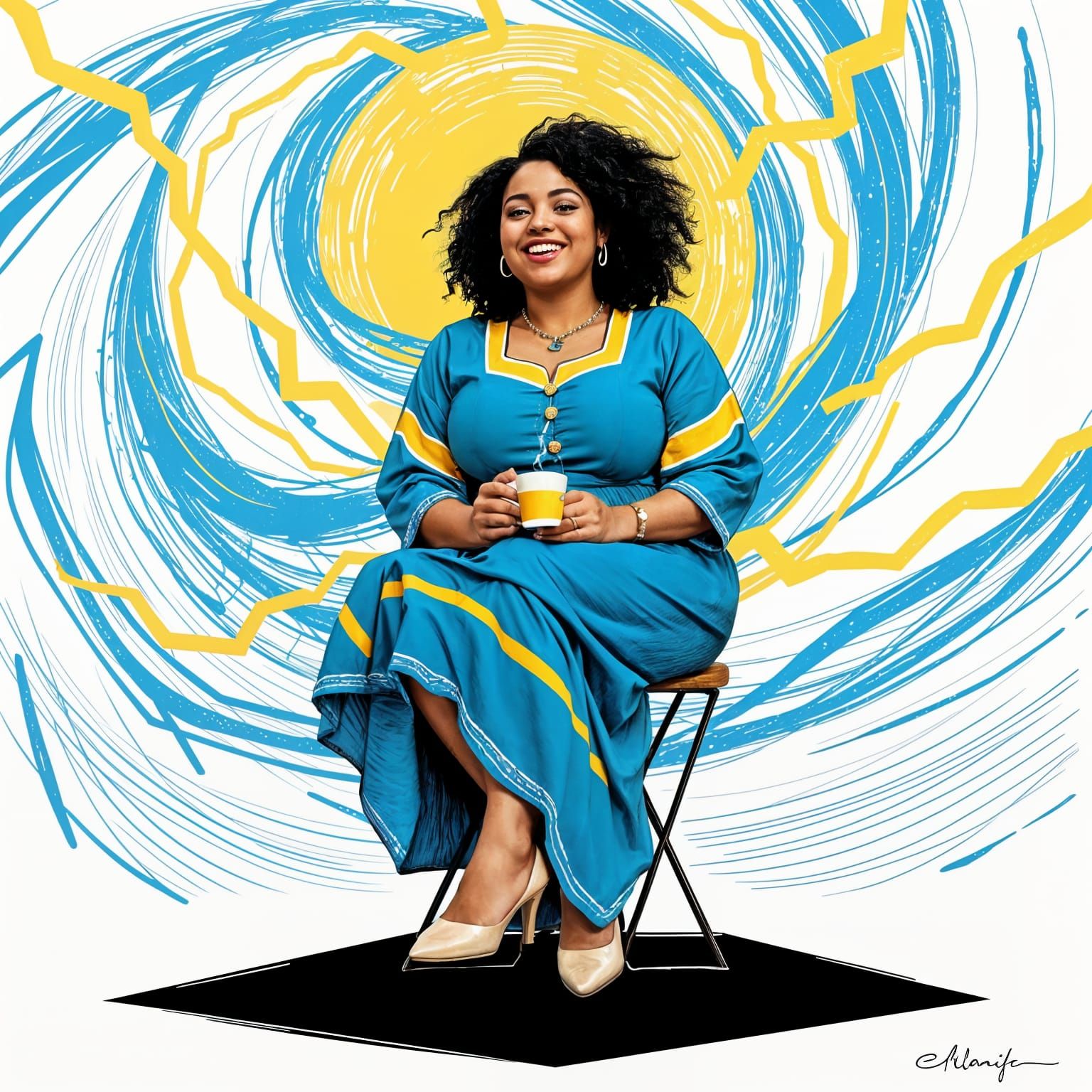 Vibrant Woman Seated on a Stool with Coffee Cup in Electric ...