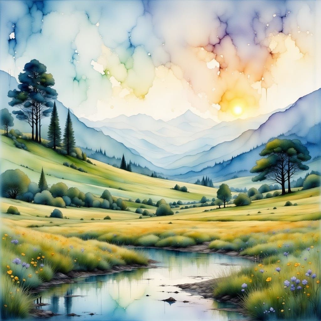 Lupinus Flowers in Ephemeral Watercolor Landscape