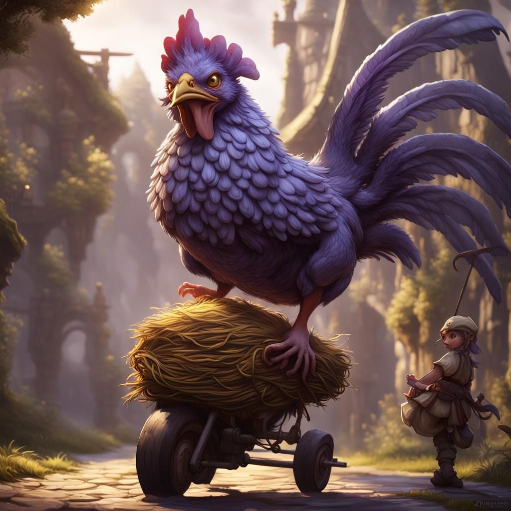 Goblin Peasant Rides Giant Chicken in High Fantasy