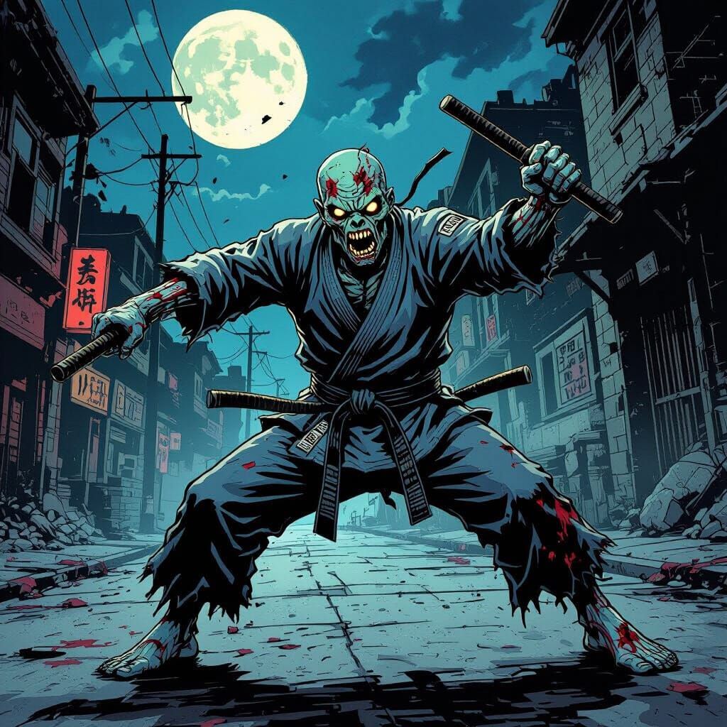 Ferocious Karate Zombie Wielding Nunchucks in Comic Style
