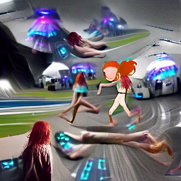 Futuristic Rave: Redhead Teens Dancing Barefoot
