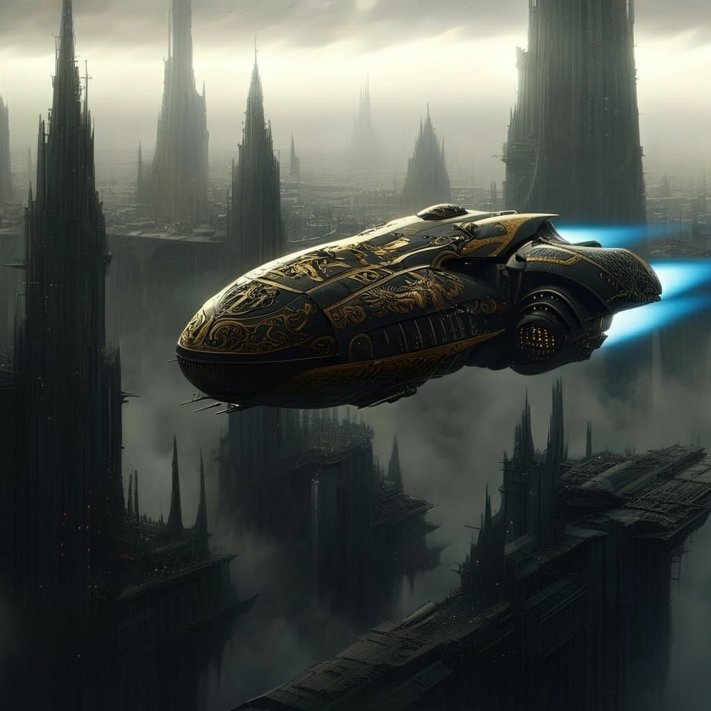 Sleek Spaceship Dominates Dark, Gothic Cityscape in Frazetta...