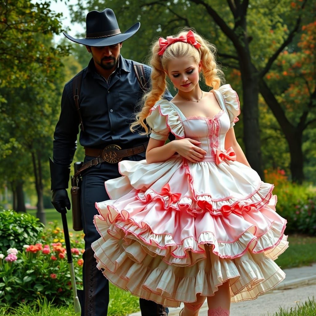 Dramatic Cowboy and French Maid Stroll in Lush Park