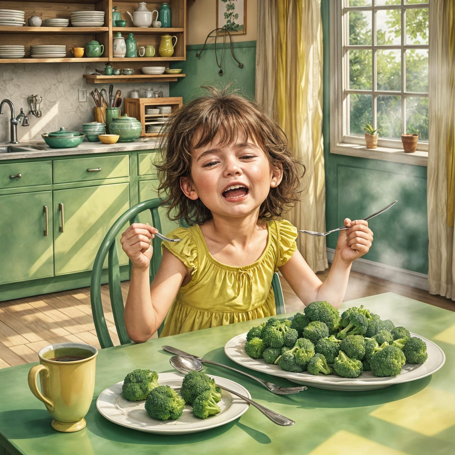 Girl Cries Over Broccoli in Antique Watercolor Style