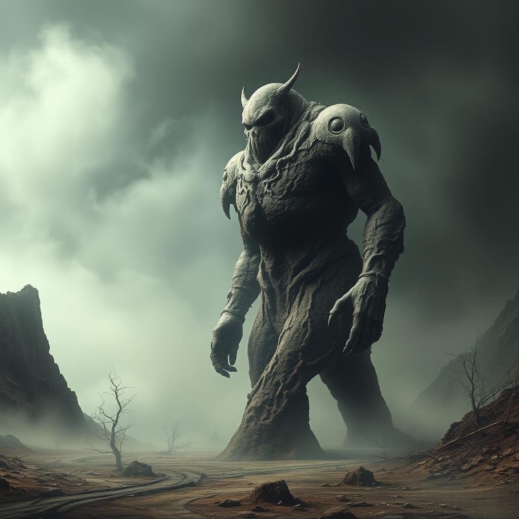 Dark Golem in Mist, Surreal Gothic Art