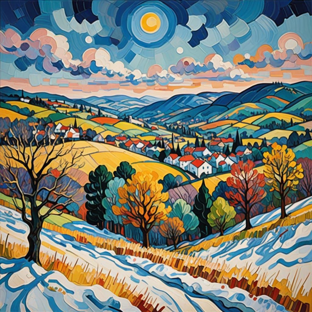 Neo-Impressionist Winter Scene with Snowflakes