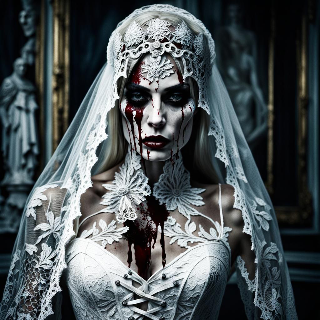 White Lace and Blood: A Horror Portrait in Cinematic Style