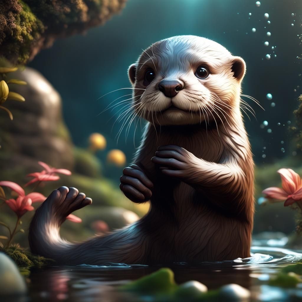 Detailed Matte Painting of a Playing Baby Otter