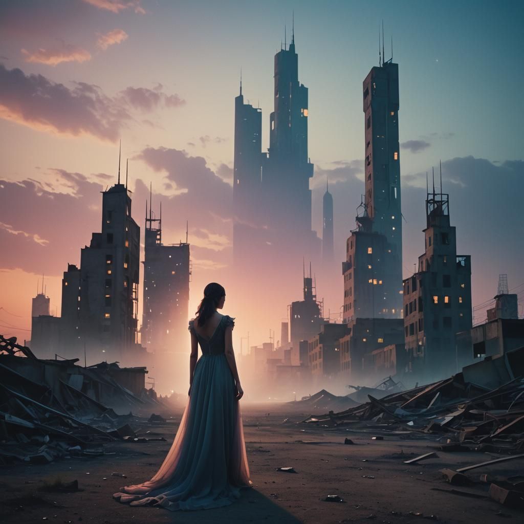 Woman in Futuristic Cityscape: Surrealism at Dusk