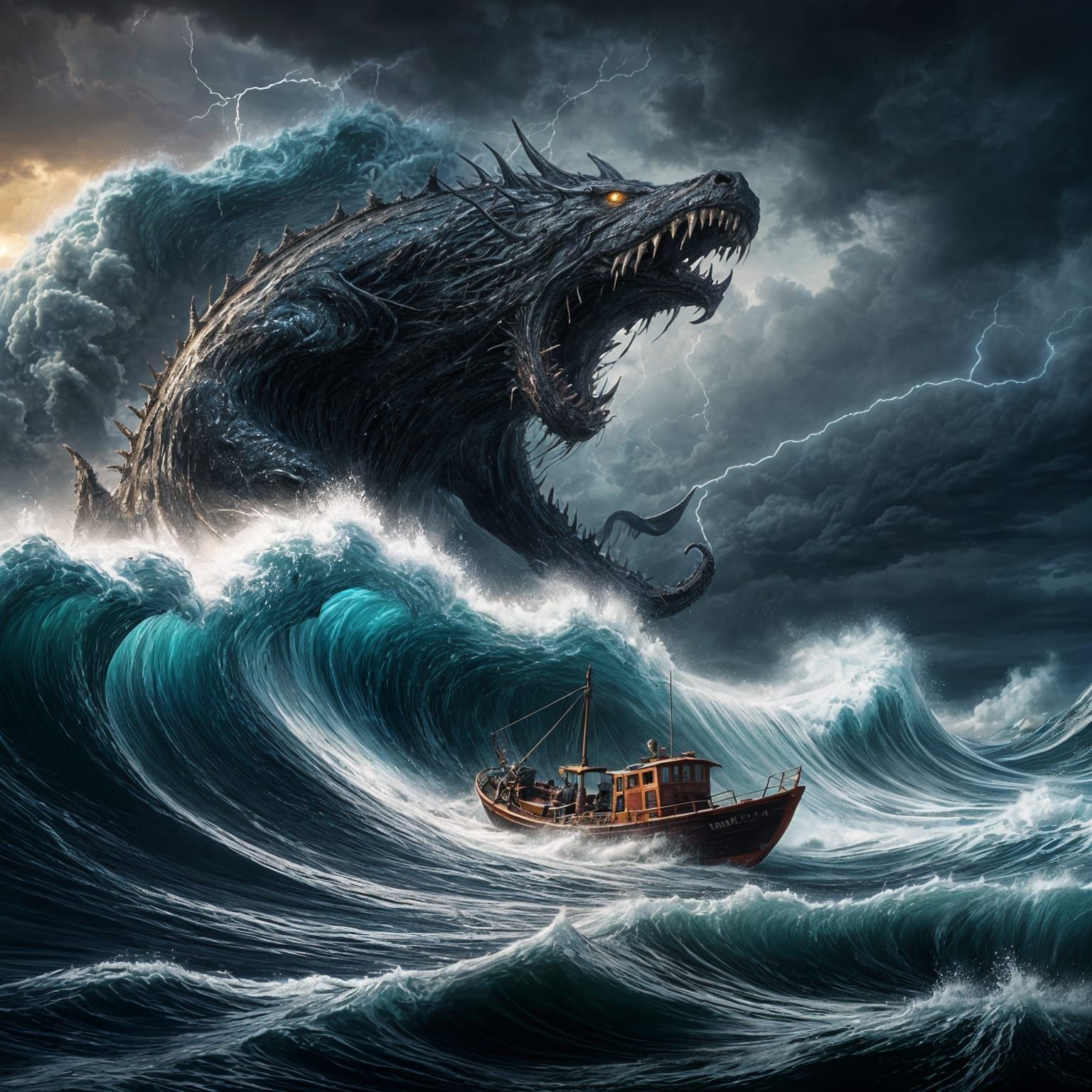 Fishing Boat Tsunami Battle: Dark Fantasy Art