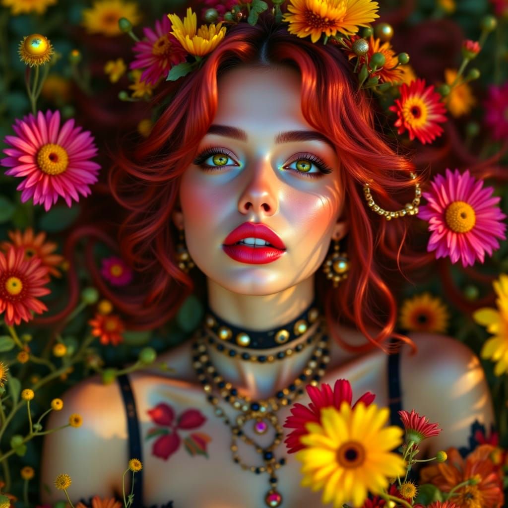 Rococo Punk Beauty in a Vibrant Flower Field