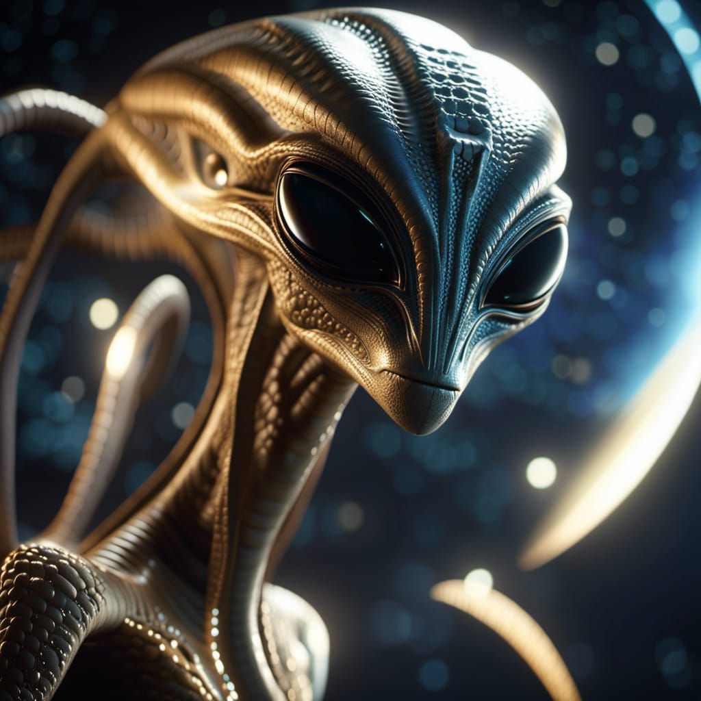 Alien Deciphers Cosmic Map in Starry Scene