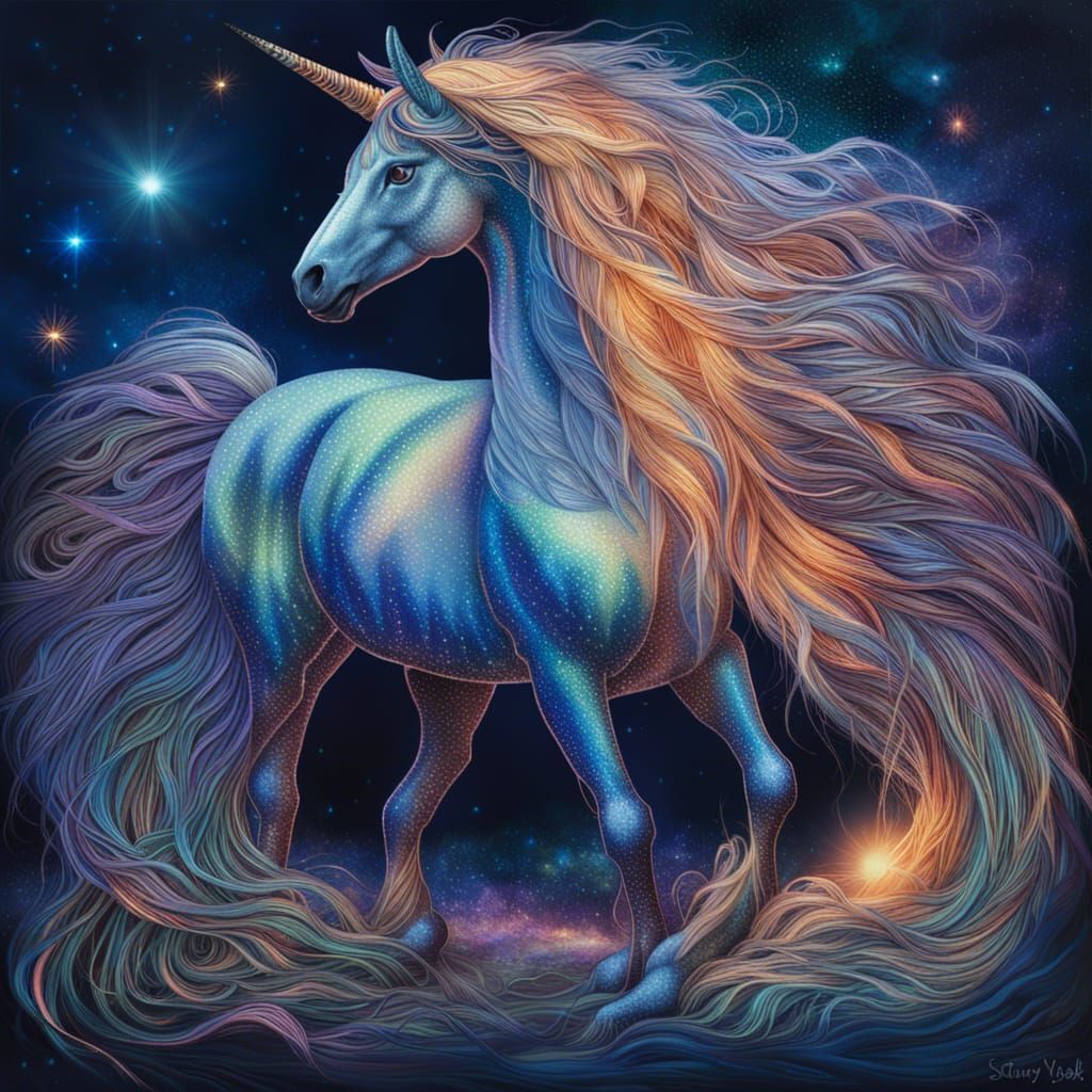 Iridescent Unicorn in Enchanted Forest Digital Painting