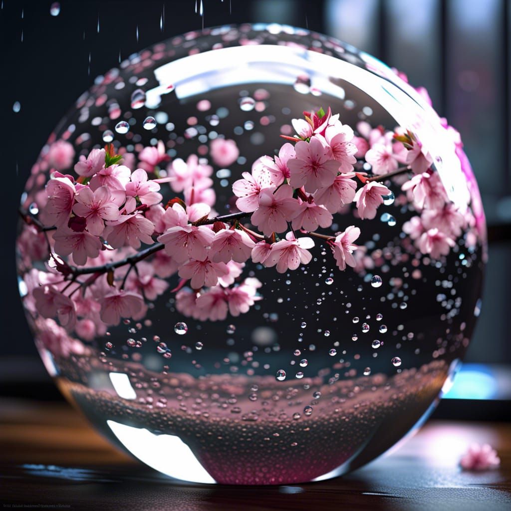 Raindrops on Glass Sphere with Sakura in Hyperrealism
