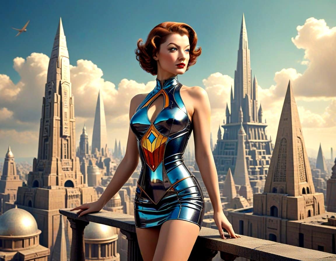 Dazzling Retro Pinup Girl in Ancient Fantasy City
