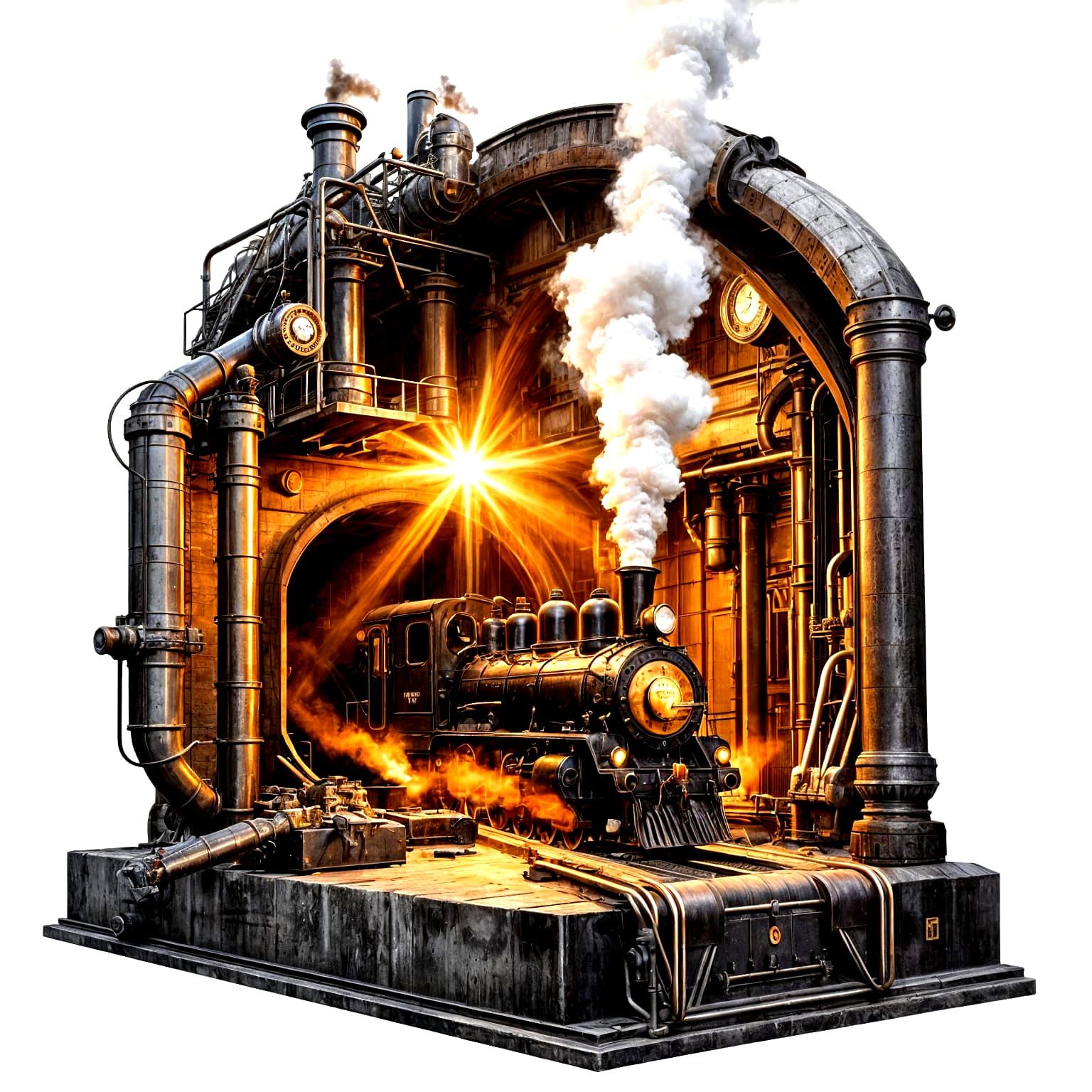 A steam locomotive puffing white smoke as it emerges from an...