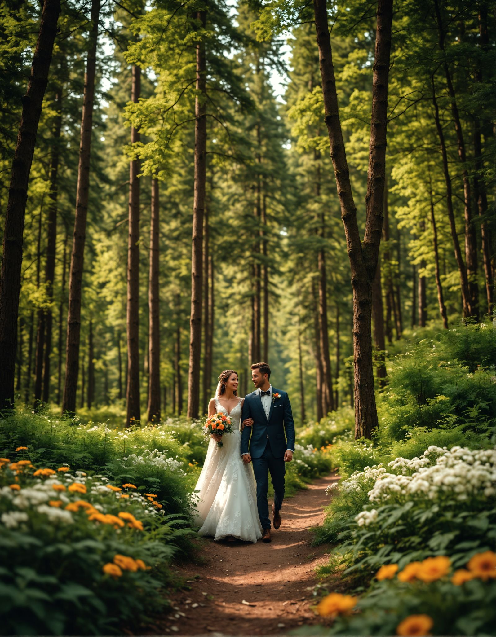 Newlyweds Walking in a Hyperrealistic Forest Scene