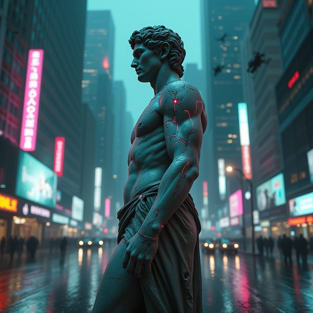 Cyberpunk Greek Statue Amidst Neon Megacity