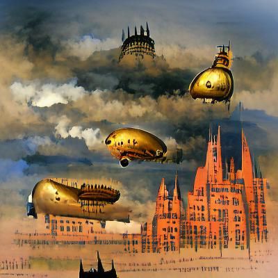 Steampunk Blimps Over Retro-Futuristic Gothic City