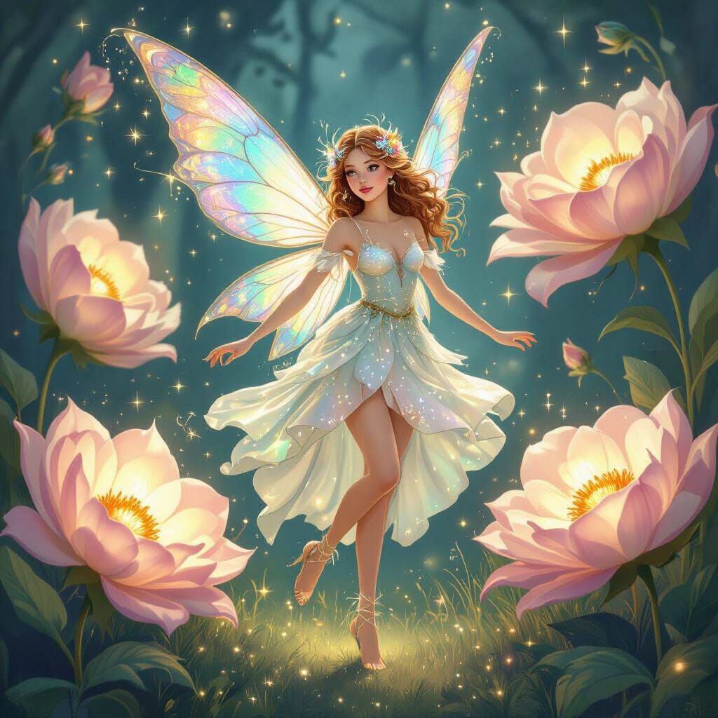Fairy Dance Among Luminous Flowers, Blending Artistic Styles