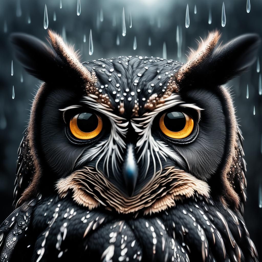 Dramatic Black Owl with Water Droplets