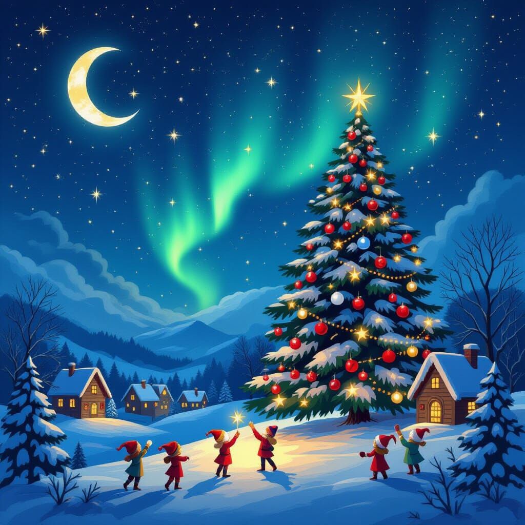 Enchanted Forest Village Under Starlit Aurora