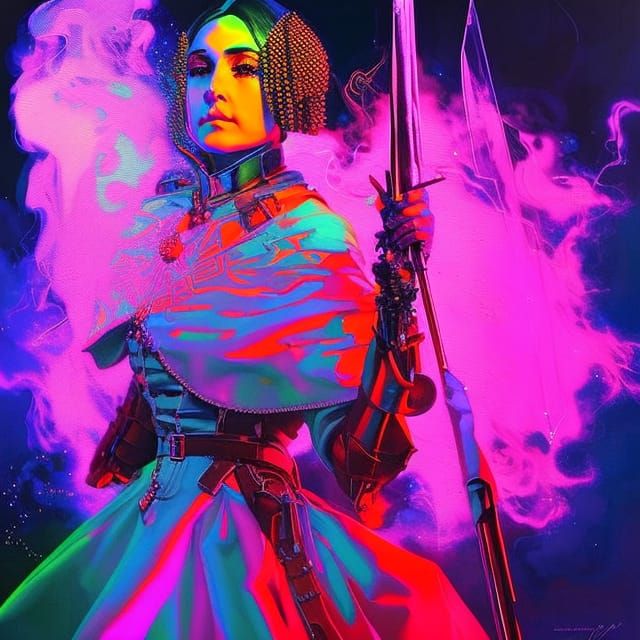 Neon Joan of Arc Portrait in Vibrant Colors