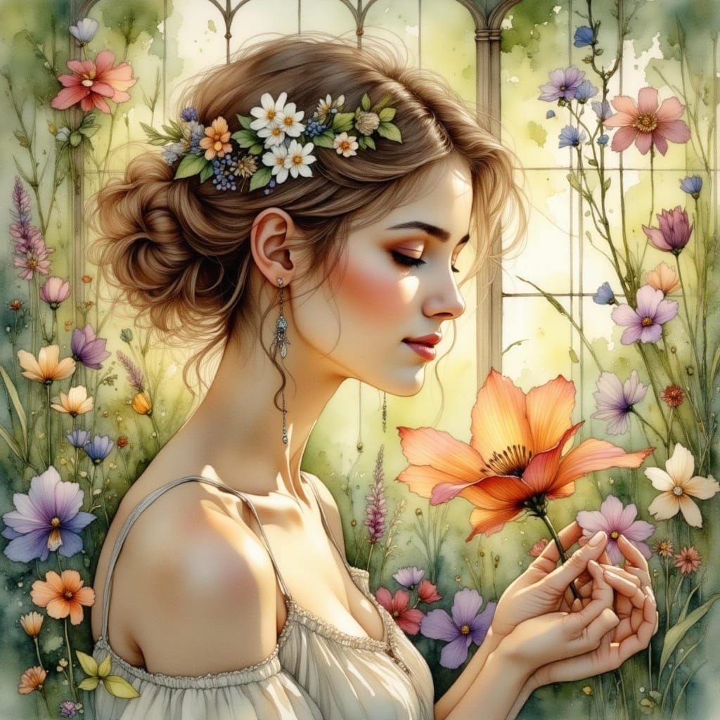 Whimsical Watercolor Greenhouse Scene