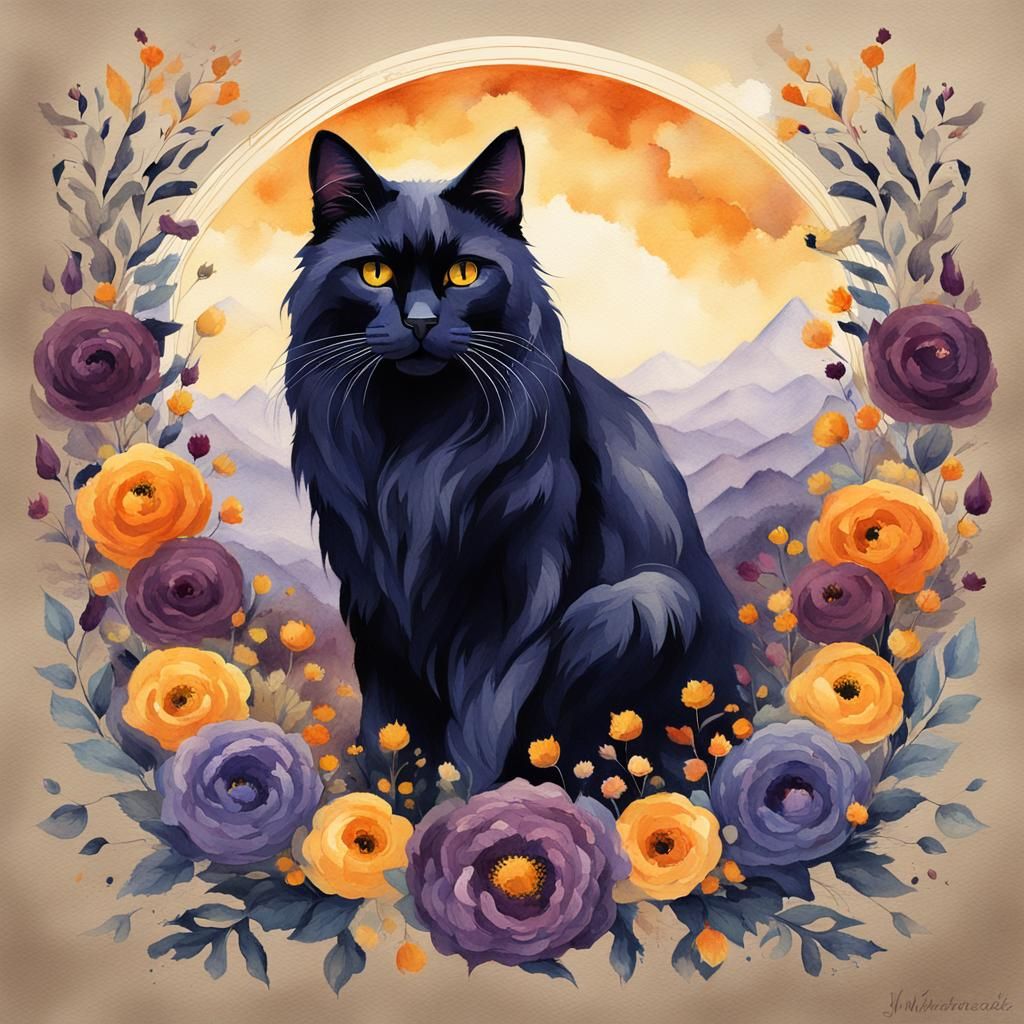 Majestic Black Cat with Floral Crown in Watercolor Style
