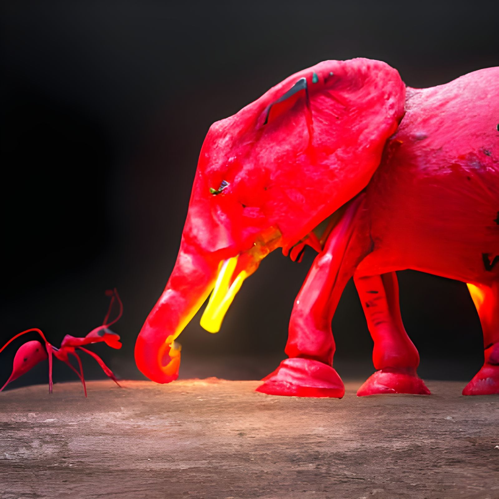 Hyperrealistic Red Ants Underneath Giant Red Elephants