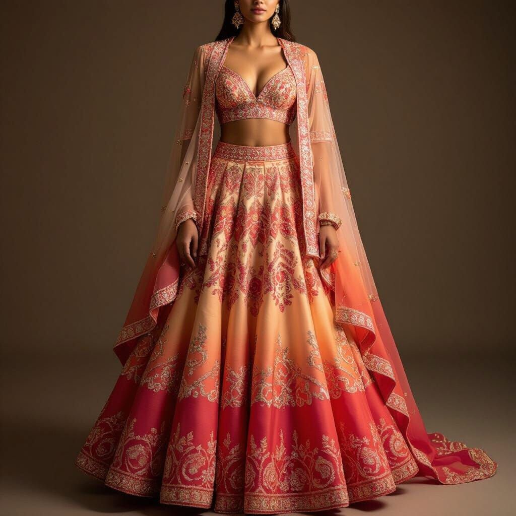 Orange-Pink Ombre Lehenga Set in Regal Photoshoot Style