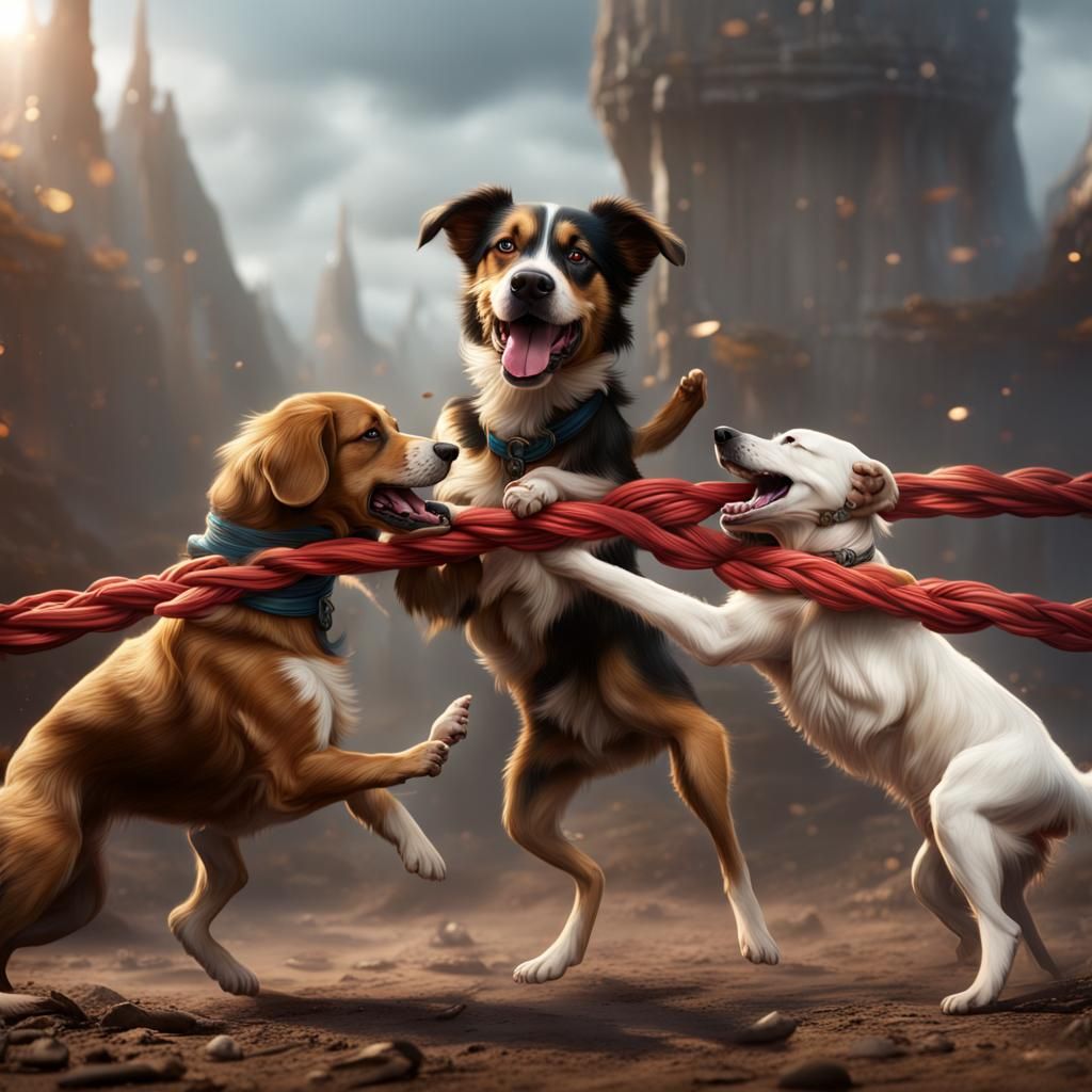 Dogs Playing Tug-of-War: Fantasy Concept Art