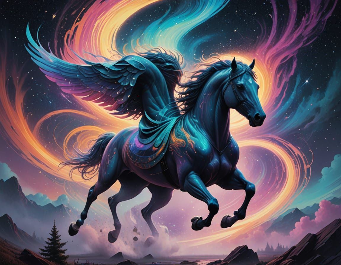 Surreal Winged Horse in Vibrant Cosmic Landscape